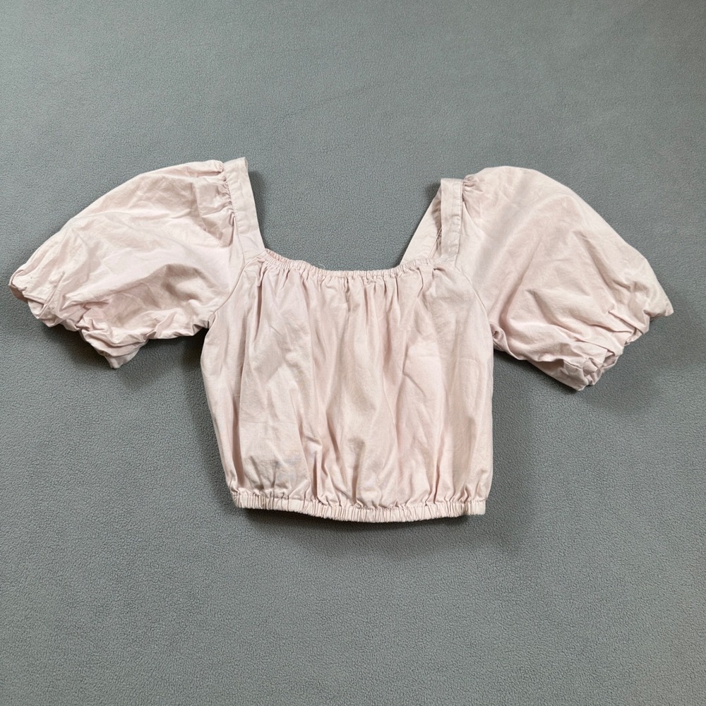 Copper Key Cropped Top XS Womens Pink Puff Sleeve Square Neck Blouse Shirt